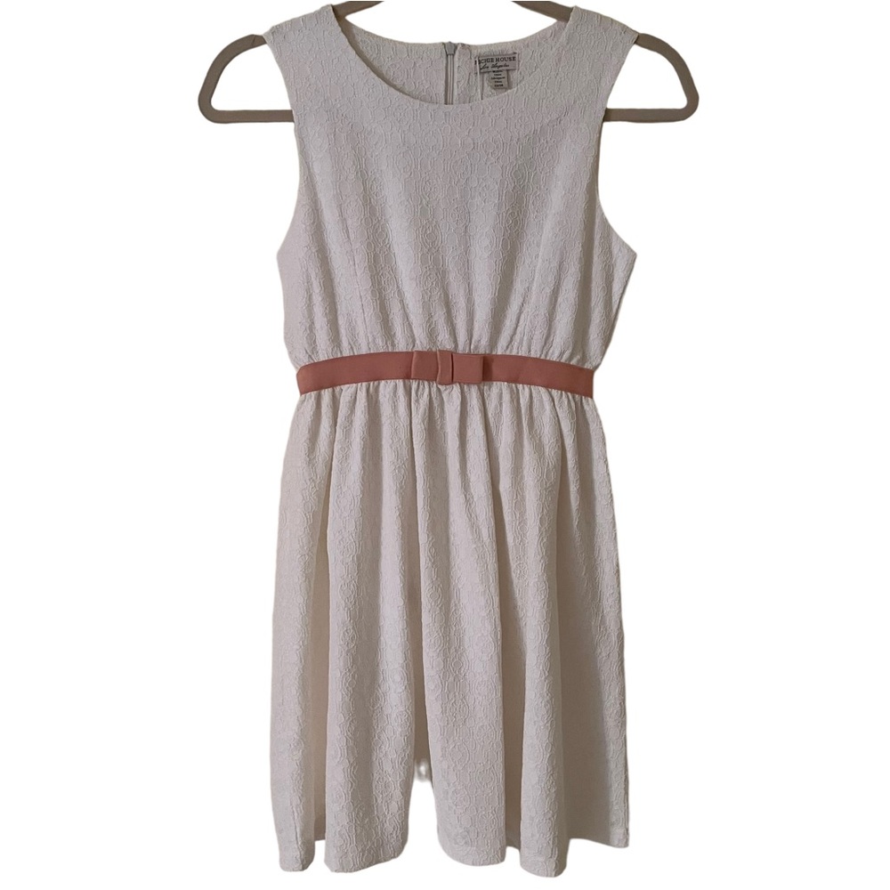 Richie House White Lace Sleeveless Fit and Flare Dress with Pink Bowed Waistline